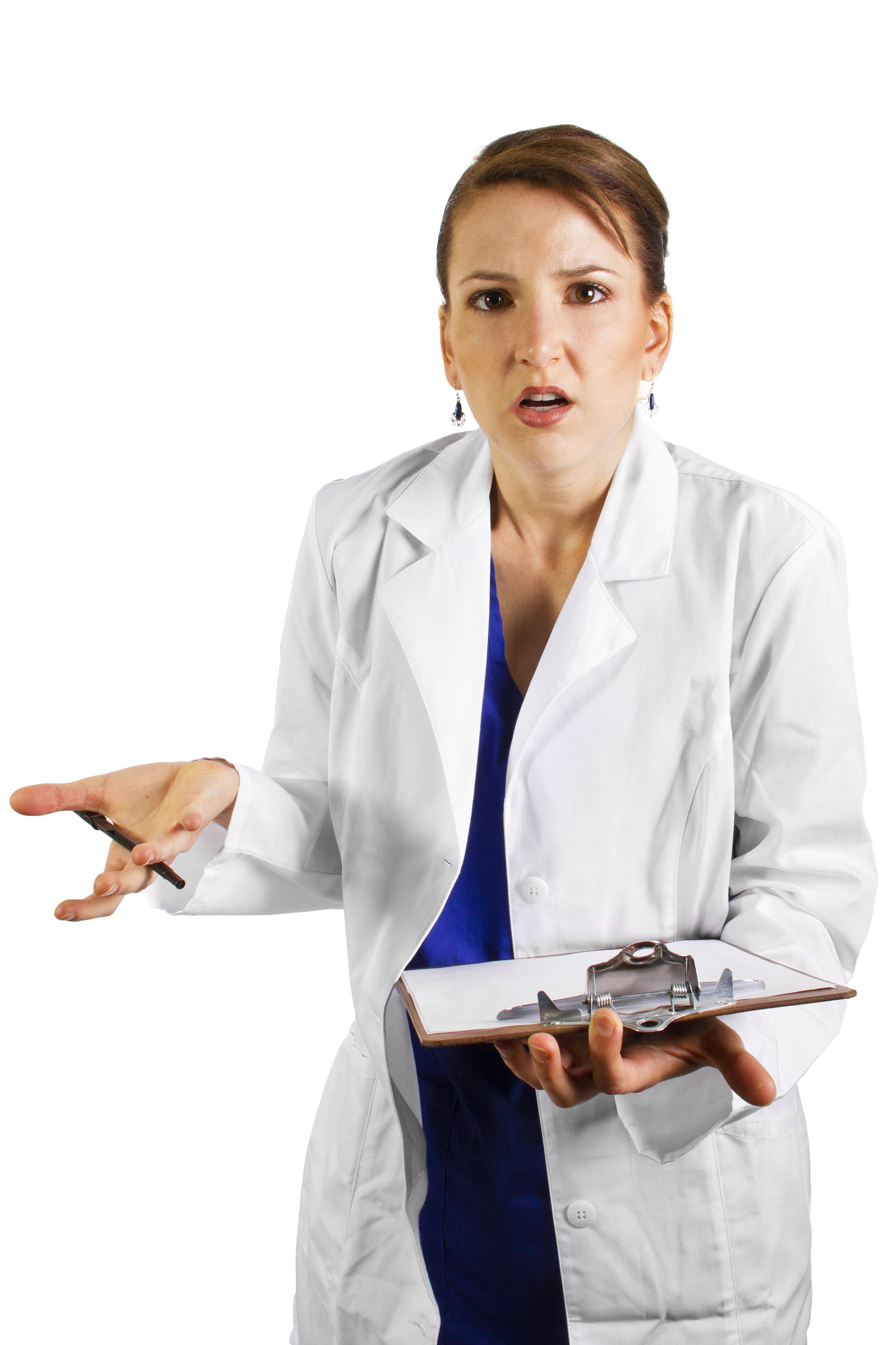 Stressed Out and Overworked Doctor or Nurse on White Background