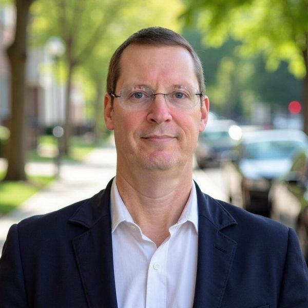 Portrait of a man in a suit jacket and glasses on a city street.